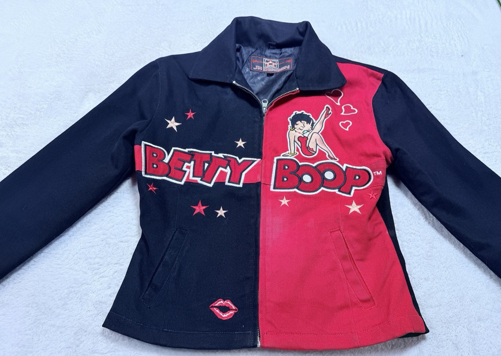 JH Design Vtg Betty Boop Jacket Womens Sz Sm Black Red Twill Embroidered
